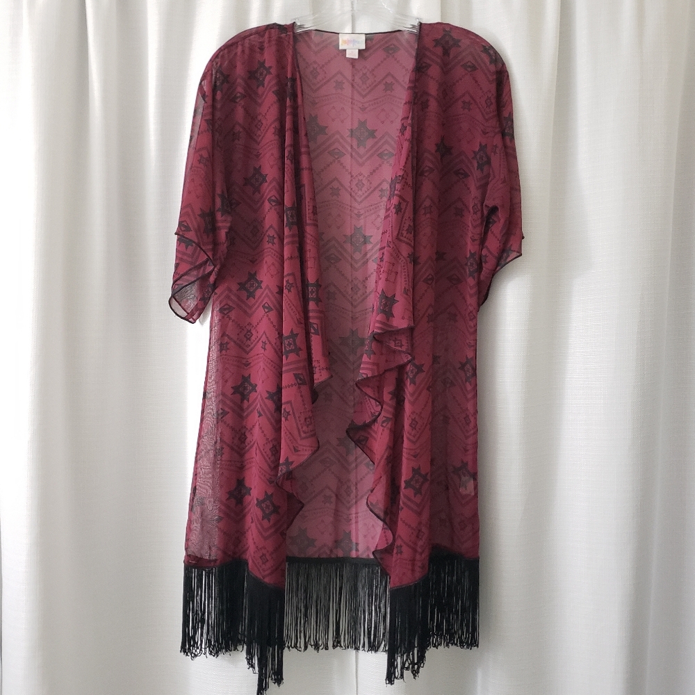 Small LulaRoe Maroon Black Print Open Front Sheer Kimono